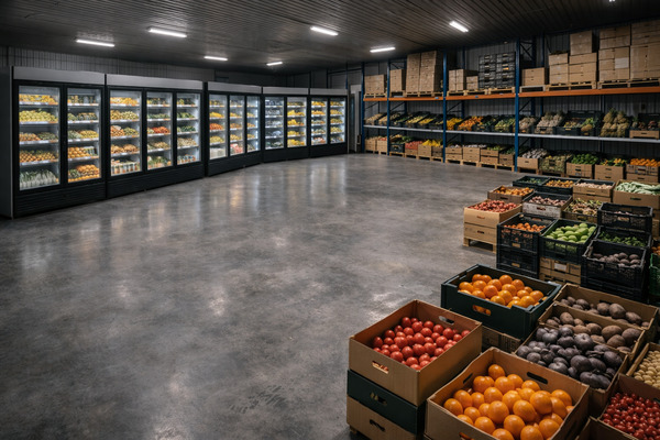 Склад холодильного хранения с камерами и стеллажами для продуктов